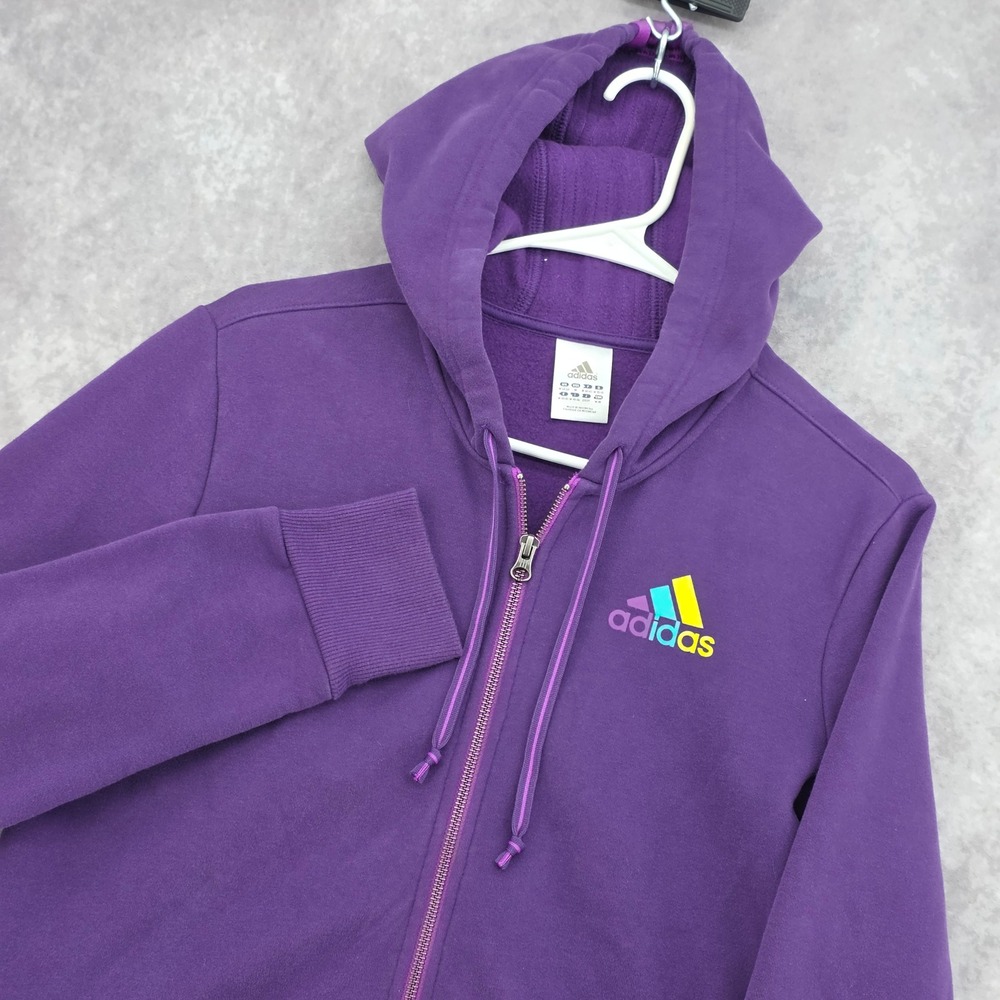 Adidas Purple Full Zip Hoodie Rainbow Logo Thumbhole Cuffs Womens Size Medium